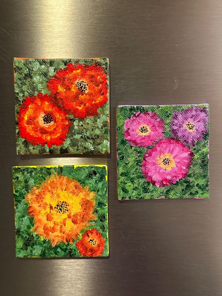 set of 3 impressionist zinnia magnetic paintings